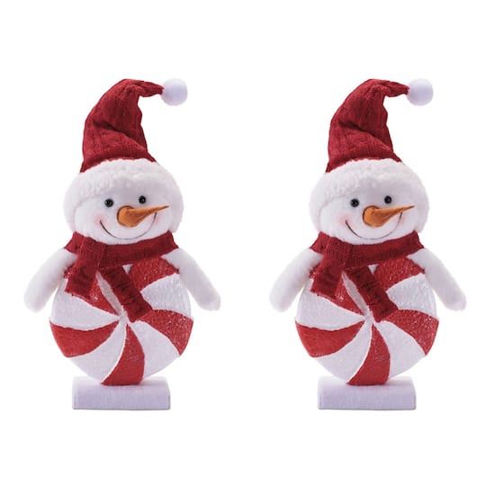 Melrose 12.75" Red & White Peppermint Snowman with Knit Hat Figurines, 2ct.